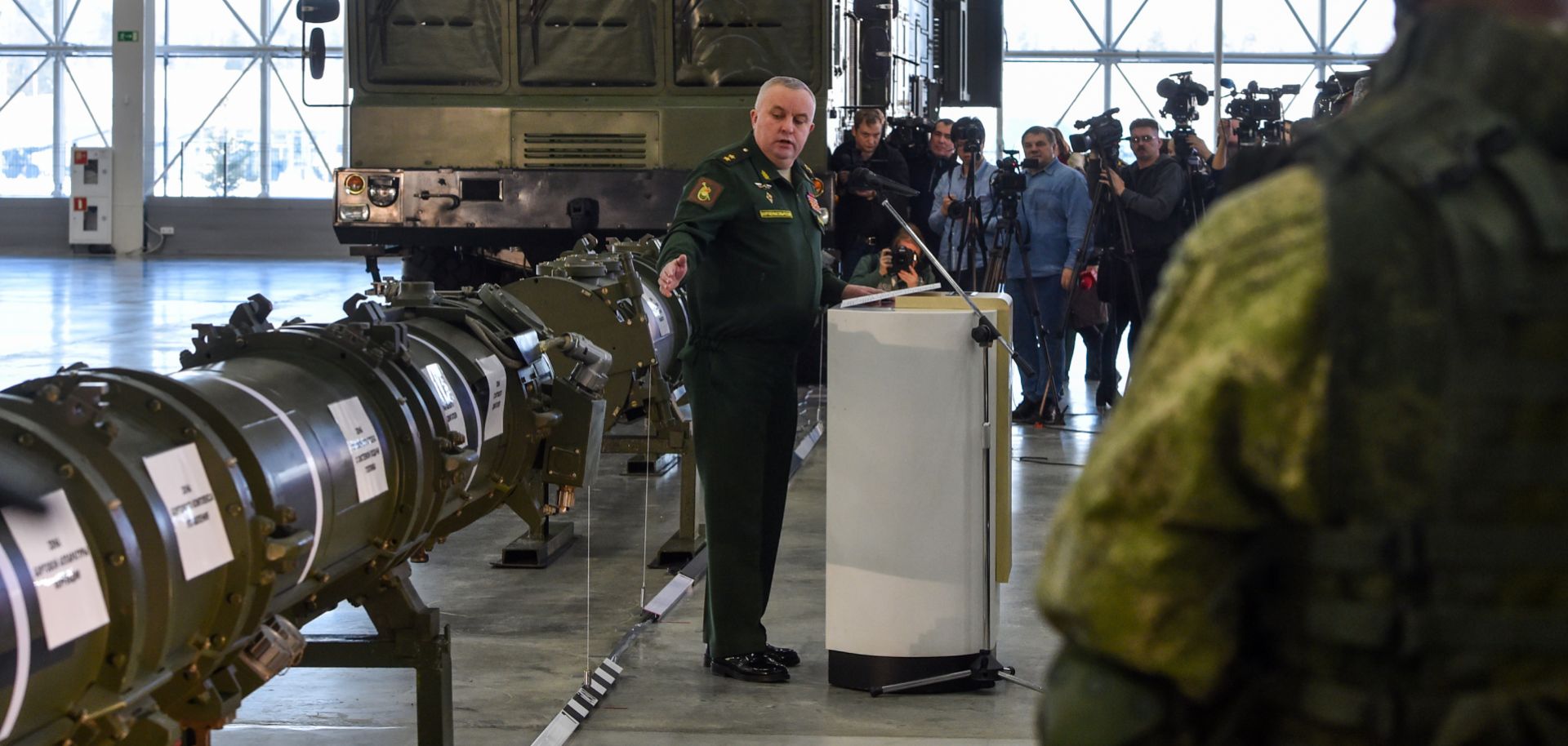 Russian Defense Ministry officials display the country's 9M729 cruise missile at the Patriot Park military facility outside Moscow on Jan. 23.