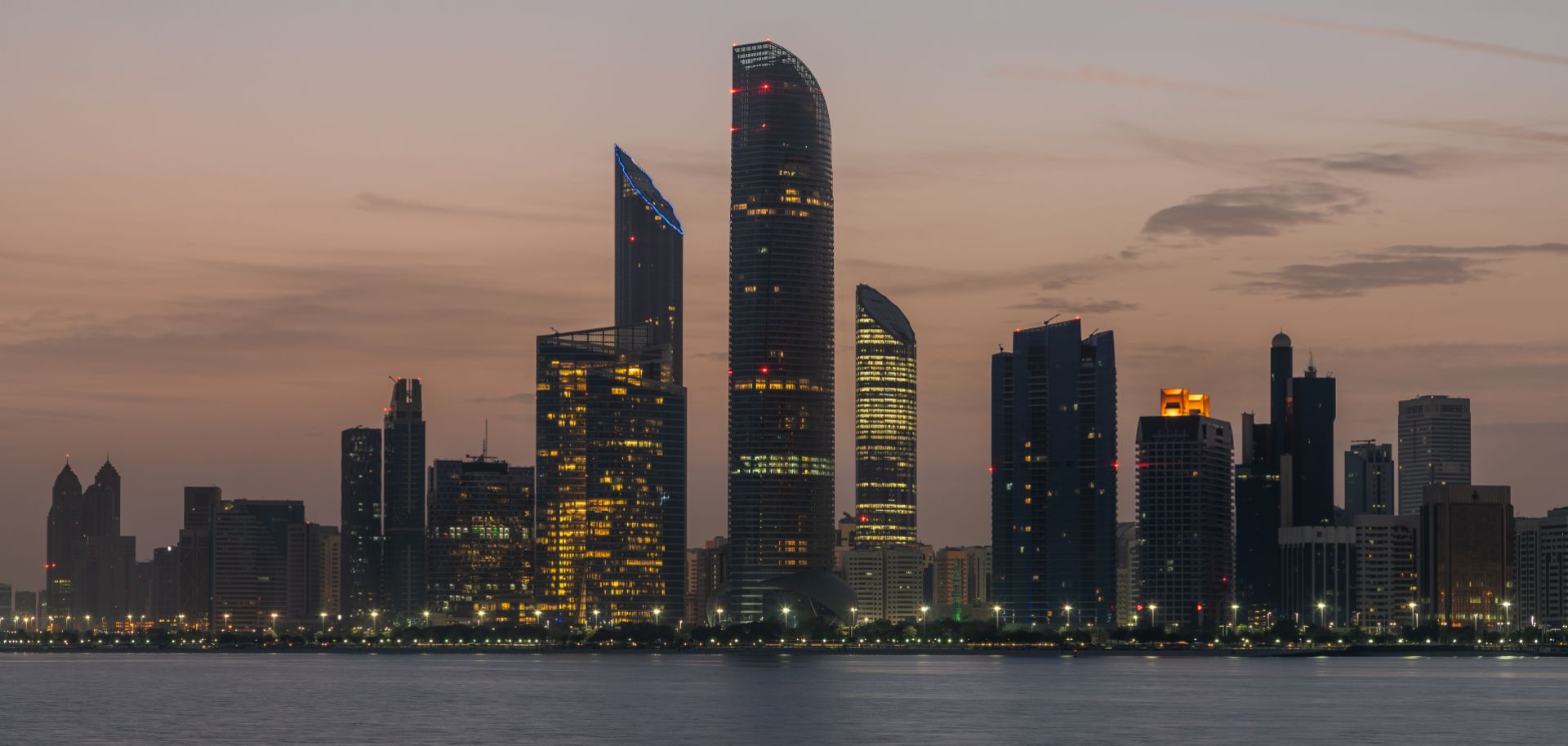 A photo taken in April 2018 shows the Abu Dhabi skyline at sunrise.