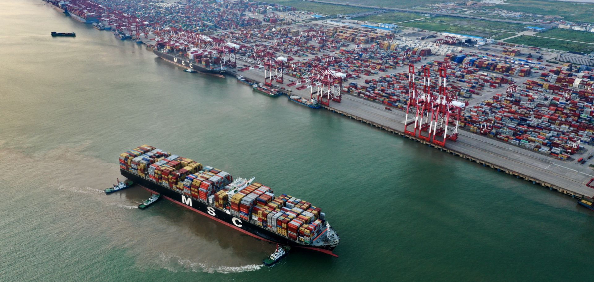 An aerial view of a container vessel at Shanghai's Yangshan Deep-Water Port on Aug. 13, 2019