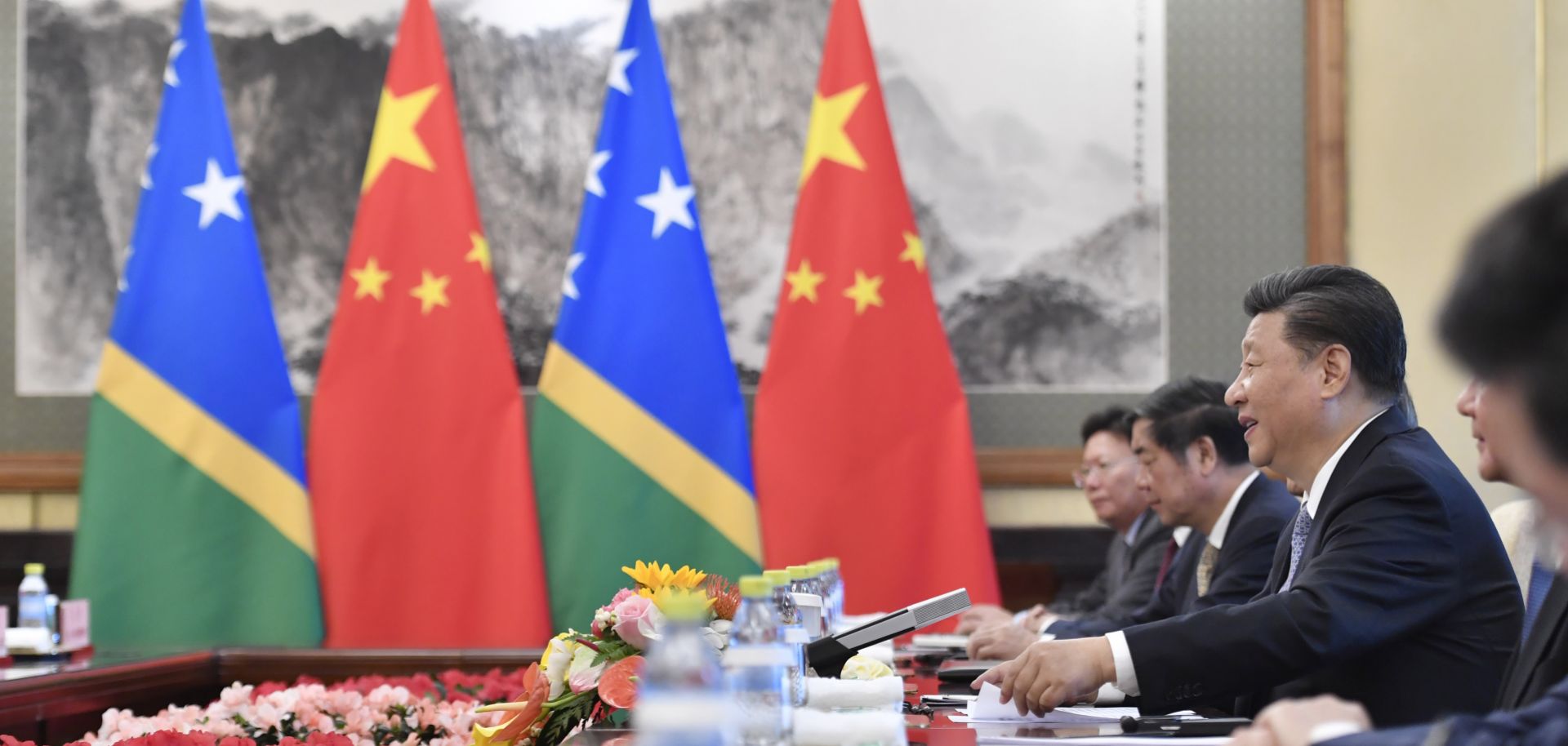 Chinese President Xi Jinping talks with Solomon Islands Prime Minister Manasseh Sogavare (not pictured) during a meeting in Beijing on Oct. 9, 2019. 