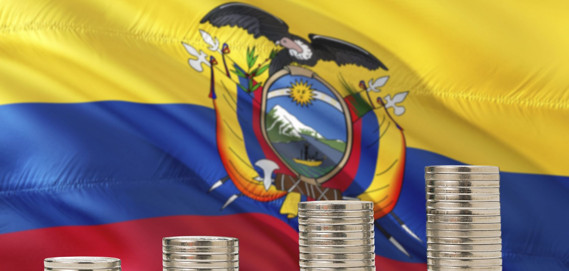 Ecuador's flag waves behind rows of coins.