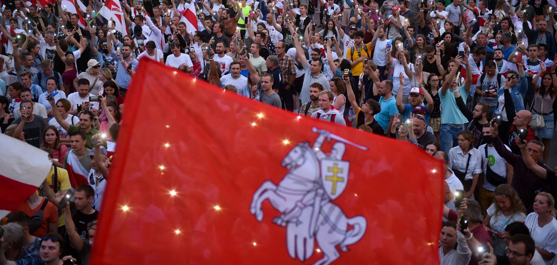 Opposition supporters protest against Belarusian President Alexander Lukashenko’s disputed electoral victory in Minsk, Belarus, on Aug. 18, 2020. 