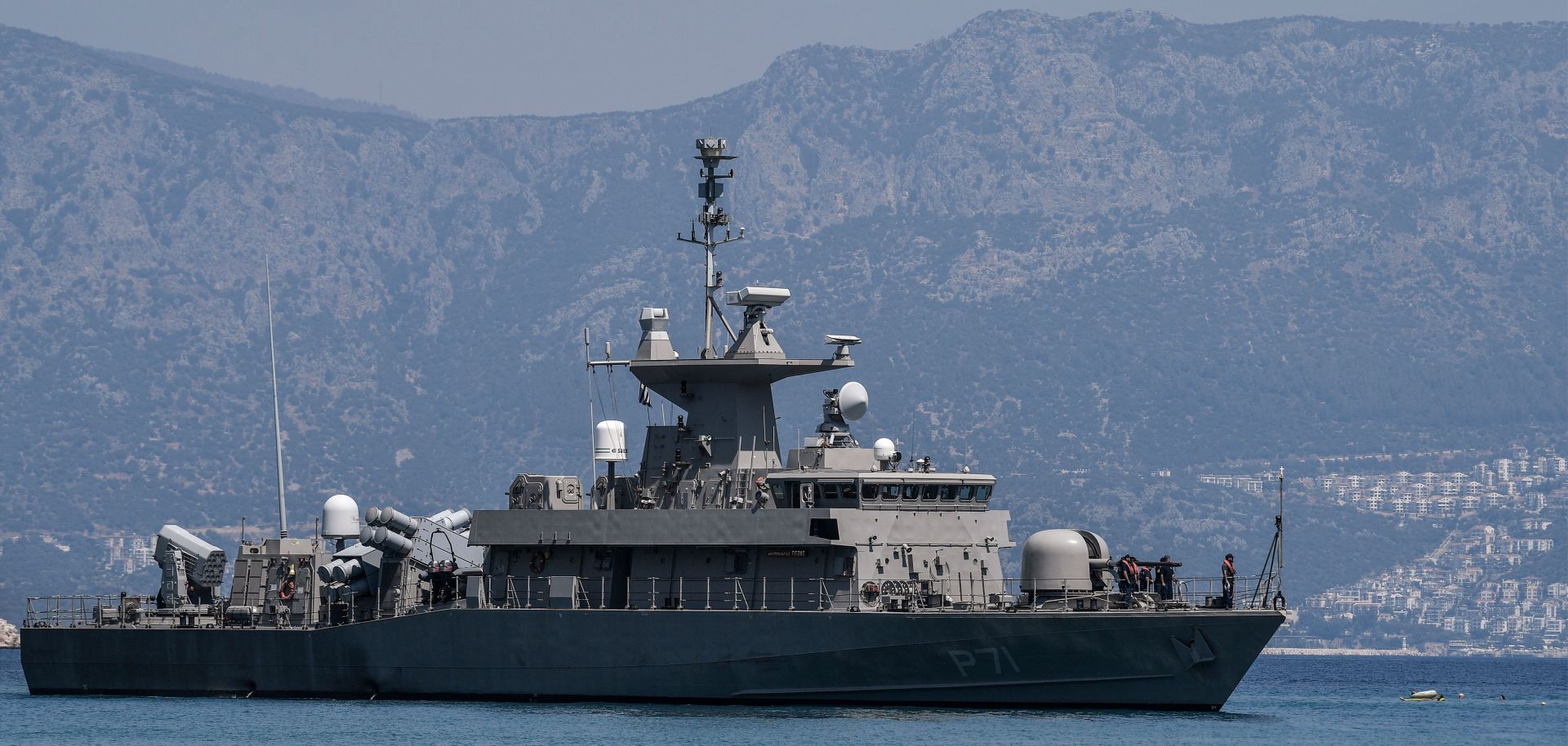 A Greek vessel patrols the waters surrounding the tiny island of Kastellorizo, which is situated just two kilometers off the south coast of Turkey, on Aug. 28, 2020.