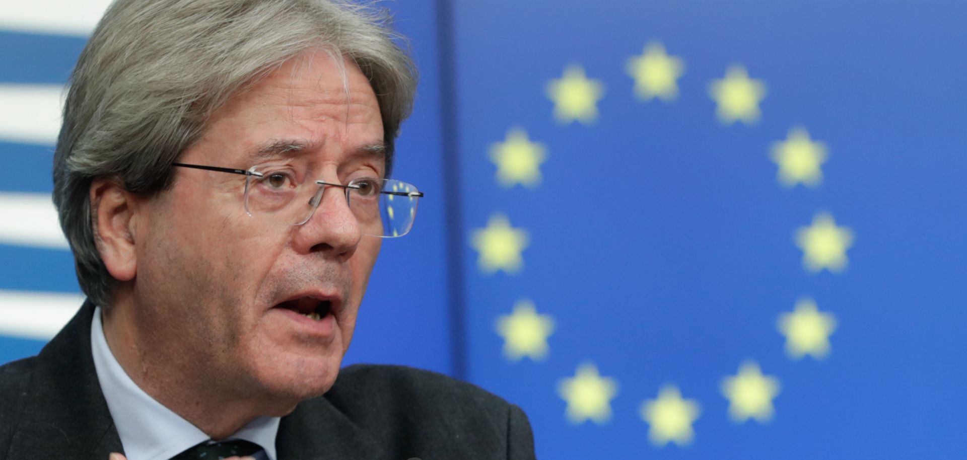 EU Economy Commissioner Paolo Gentiloni speaks during a press conference after a virtual meeting at the European Council in Brussels, Belgium, on Feb. 15, 2021. 