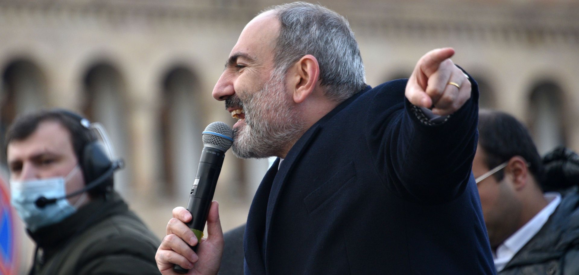 Armenian Prime Minister Nikol Pashinyan addresses his supporters gathered on Republic Square in downtown Yerevan, Armenia, on Feb. 25, 2021. Pashinyan called on the army to fulfill its duty and obey the people after the military called for him to resign. 