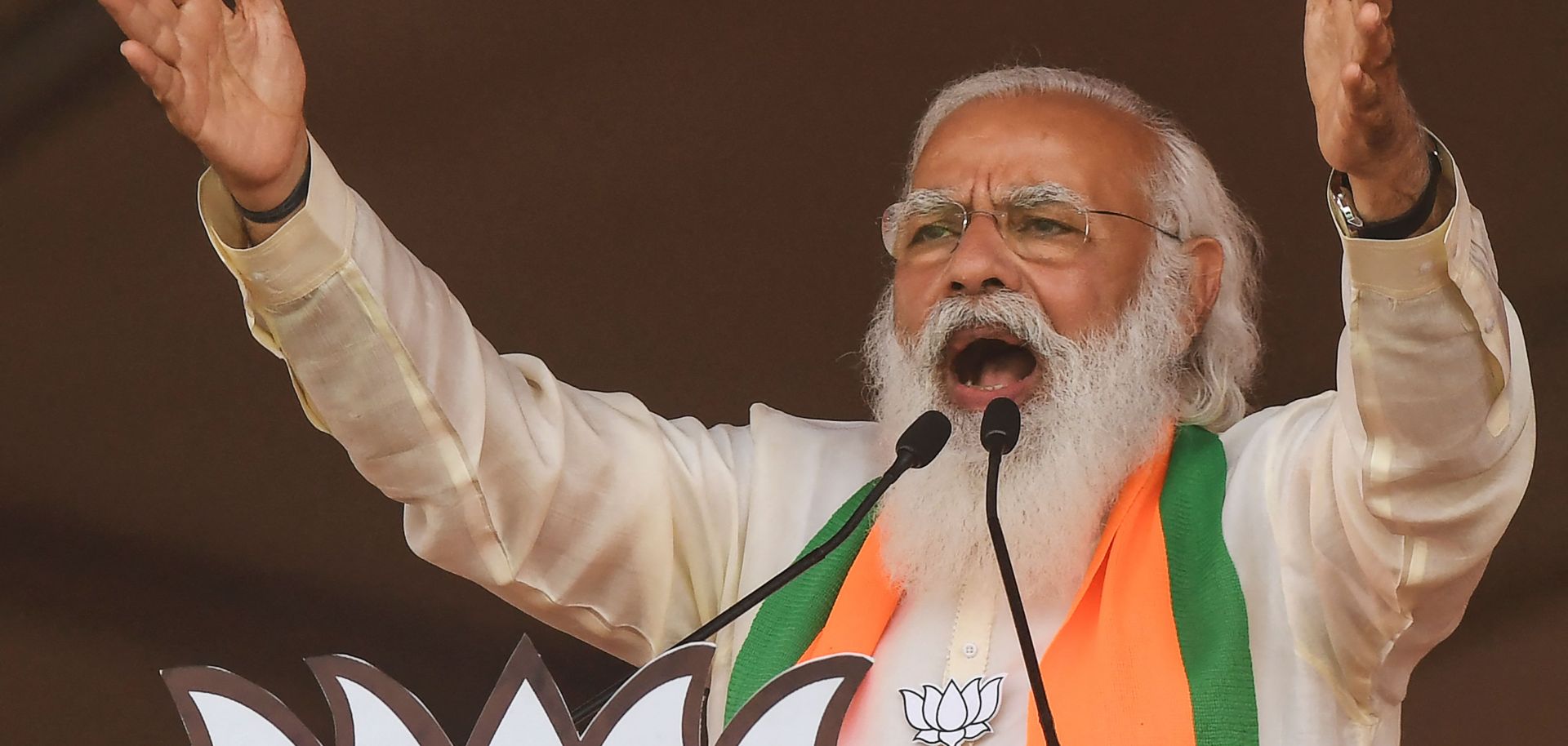 Indian Prime Minister Narendra Modi speaks at a campaign rally for his Bharatiya Janata Party in Kolkata, West Bengal, on March 7, 2021. 