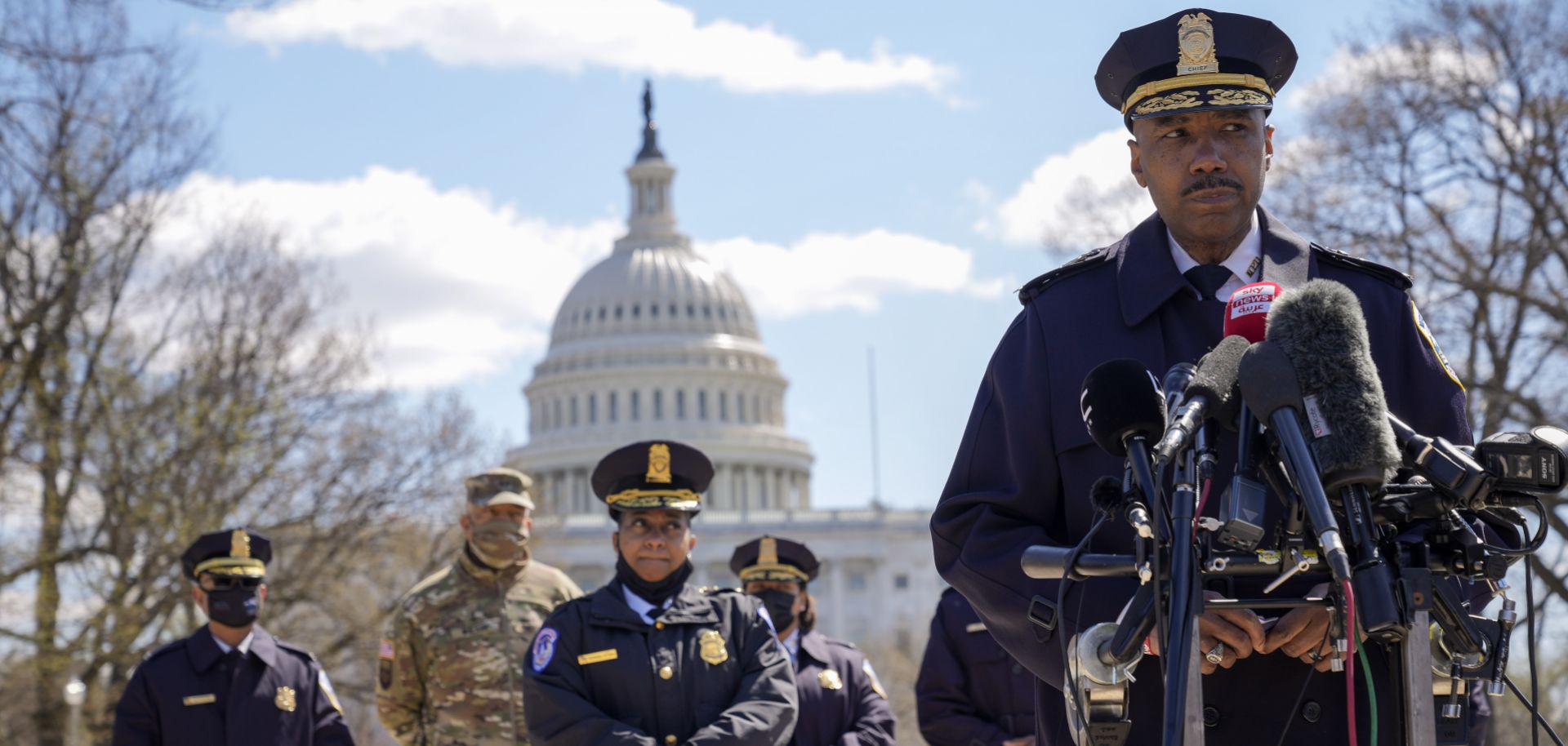 Chief of the Metropolitan Police Department Robert Contee speaks during a press briefing on April 2, 2021, in front of the U.S. Capitol in Washington D.C.