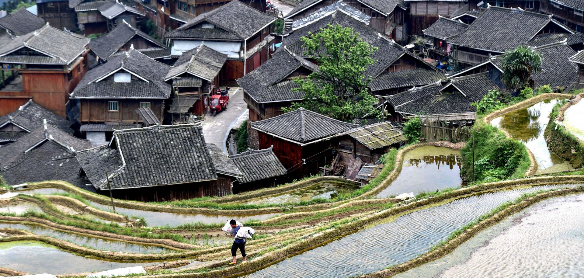 A farmer walks along rice paddy fields in Congjiang, a city located in China's southwestern Guizhou province, on April 24, 2021. 