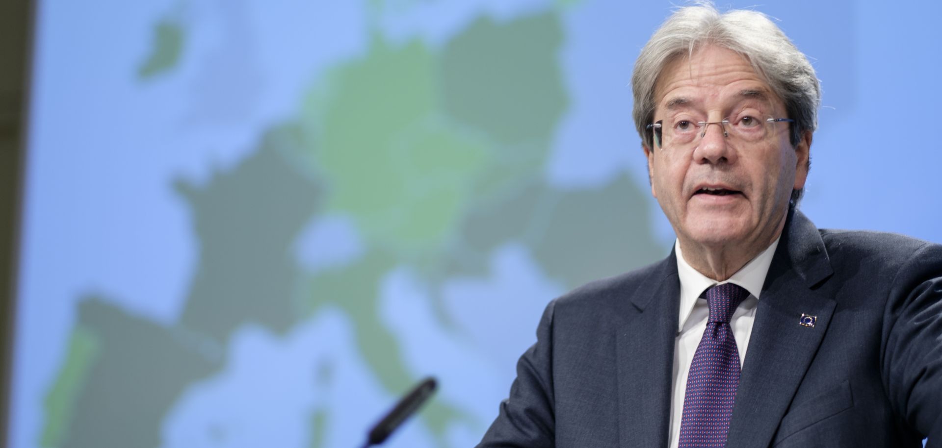 EU Economy Commissioner Paolo Gentiloni presents the bloc’s latest economic forecast in Brussels, Belgium, on May 12, 2021. 