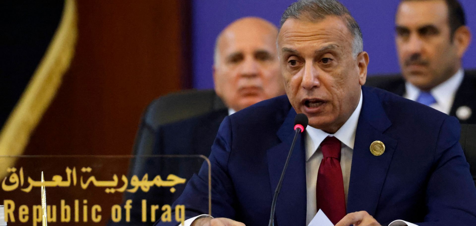 Iraqi Prime Minister Mustafa al-Kadhimi speaks during a conference in Baghdad on Aug. 28, 2021. 