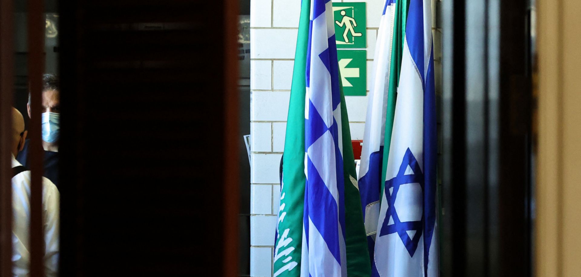 The flags of Saudi Arabia and Israel are seen outside a meeting at the U.S. State Department in Washington D.C. on Oct. 14, 2021. 