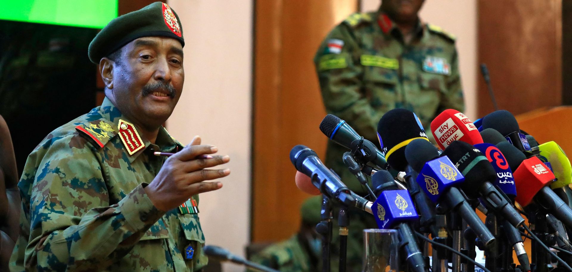 Sudan's military chief, General Abdel-Fattah Burhan, speaks during a press conference in Khartoum on Oct. 26, 2021. 