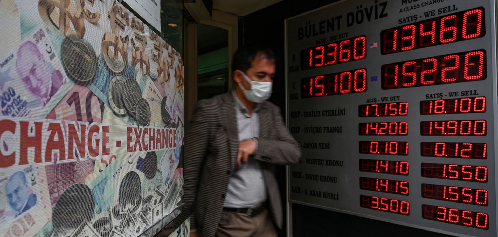 A customer leaves a currency exchange agency in Istanbul, Turkey, on Dec. 2, 2021.