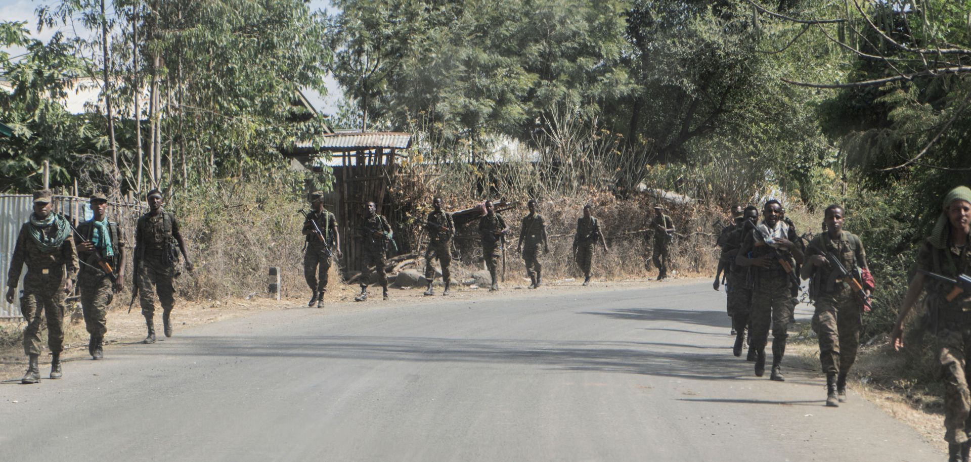 Soldiers from the Ethiopian National Defense Force (ENDF) walk in line in Wichale, Ethiopia, on Dec. 13, 2021. 