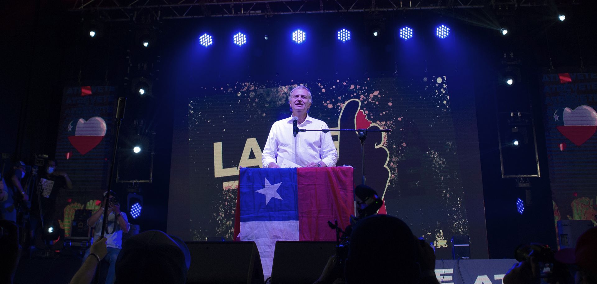 Jose Kast, the presidential candidate from Chile’s right-wing Republican Party, speaks during a closing rally in Santiago on Dec. 16, 2021, ahead of runoff elections. 