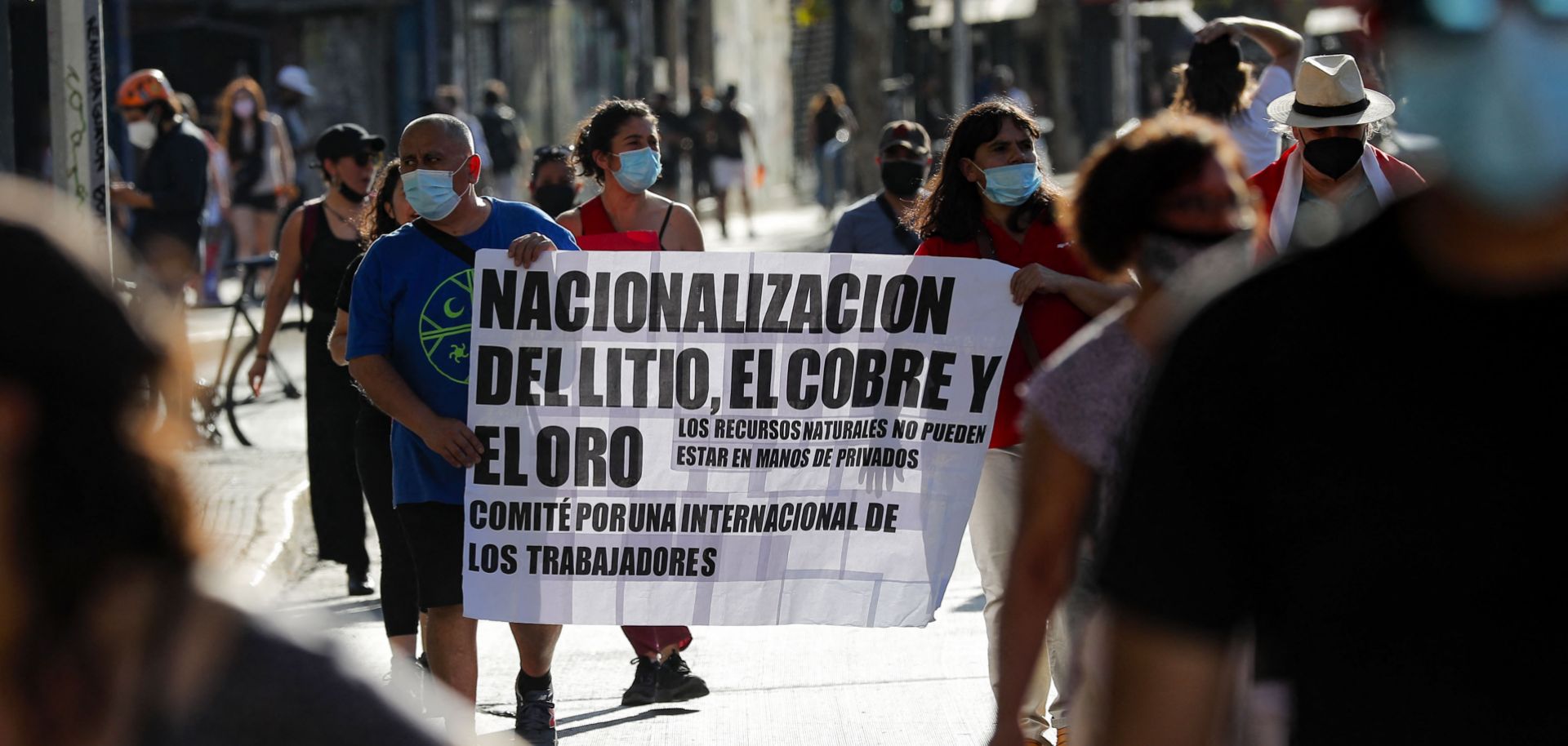 Demonstrators in Santiago take part in a protest against Chilean President Sebastian Pinera’s efforts to privatize the country’s lithium industry on Jan. 7, 2022. 
