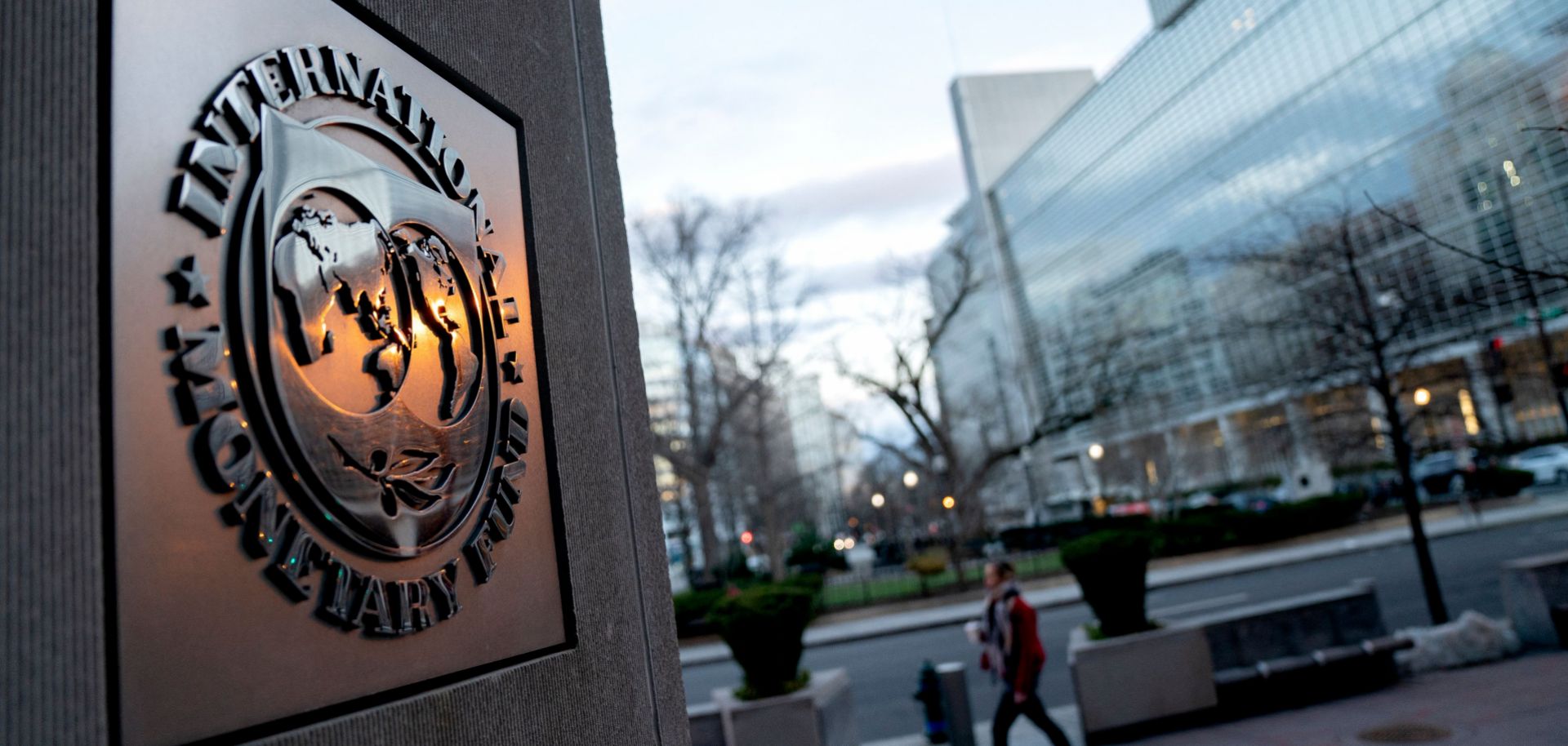 The seal for the International Monetary Fund is seen near the World Bank headquarters in Washington, D.C., on Jan. 10, 2022. 