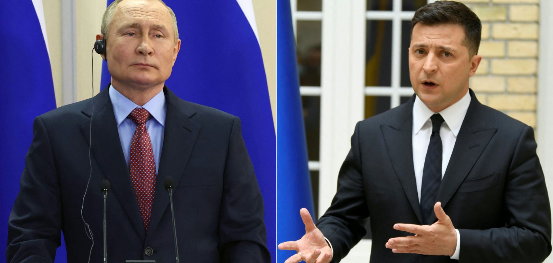A combination of photos created on Jan. 11, 2022, shows Russian President Vladimir Putin (left) and Ukrainian President Volodymyr Zelensky (right) at separate press conferences. 