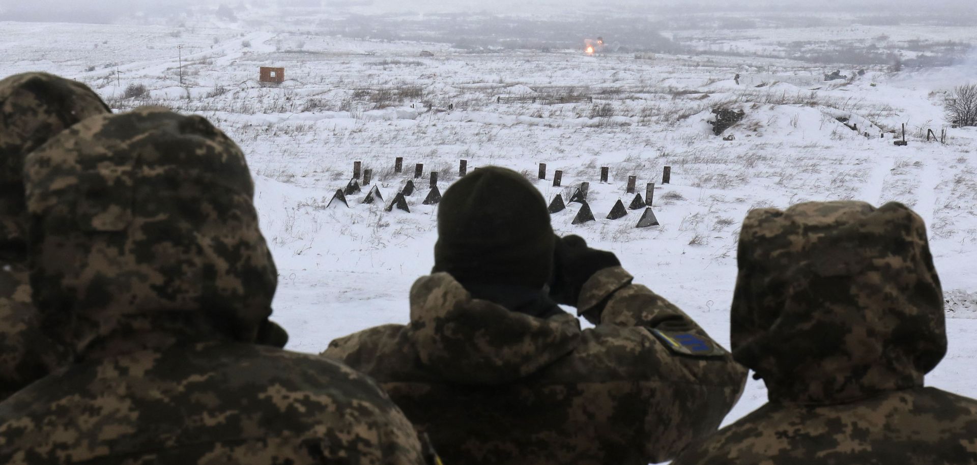 Ukrainian servicemen attend a military drill near the western Ukrainian city of Lviv on Jan. 28, 2022. 