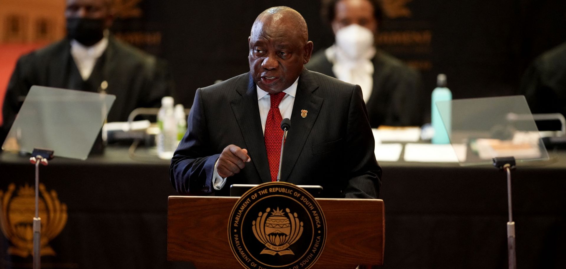 South African President Cyril Ramaphosa delivers his State of the Nation address in Cape Town, South Africa, on Feb. 10, 2022.