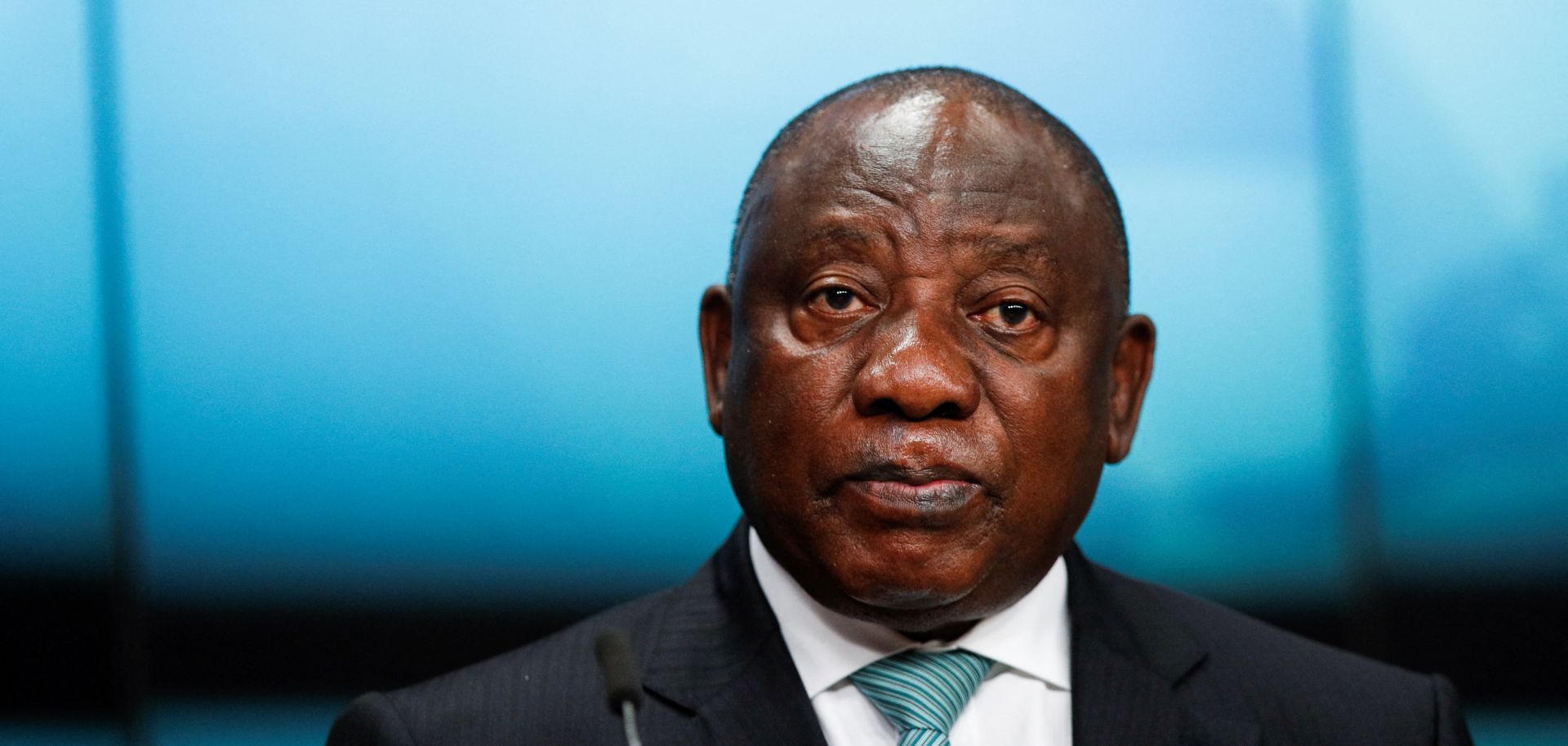 South African President Cyril Ramaphosa gives a statement during a summit at the European Union in Brussels, Belgium, on Feb. 18, 2022. 