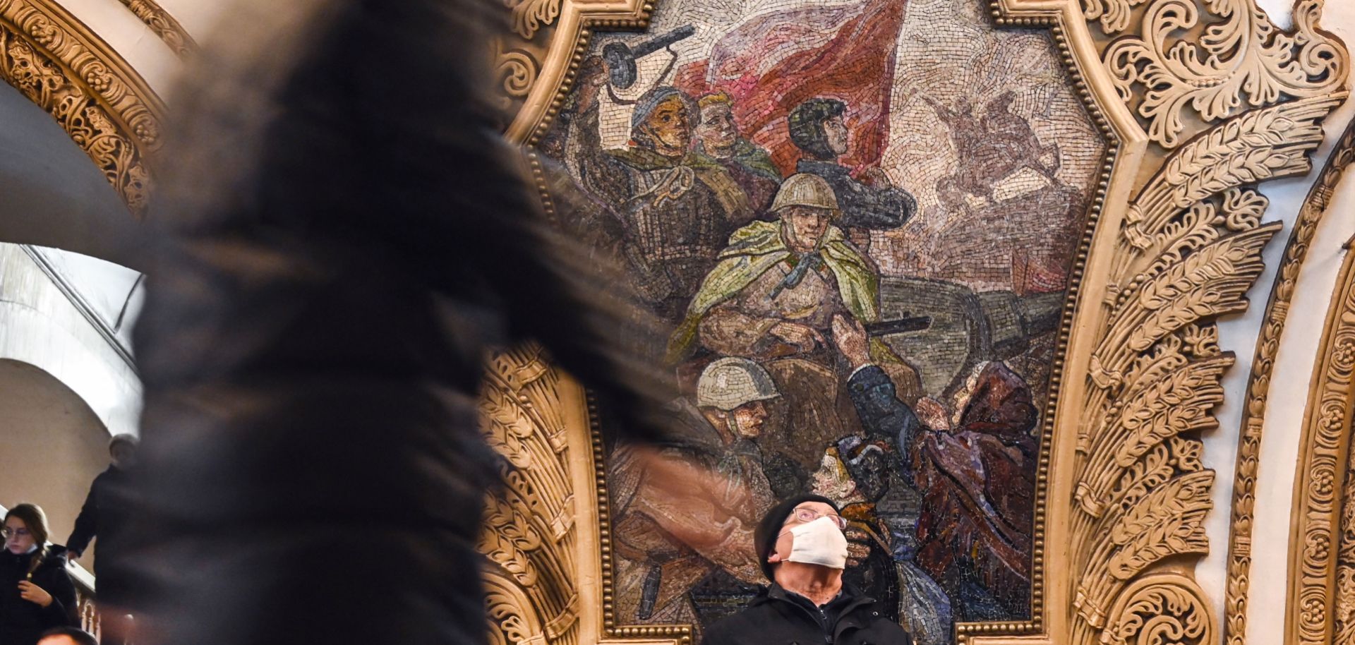 A photo taken at a Moscow metro station on March 1, 2022, shows a mosaic panel depicting the liberation of Kyiv by Russia's Red Army in 1943.