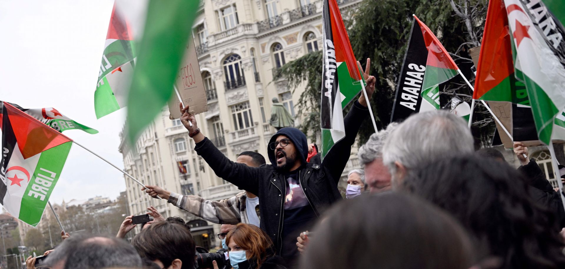 People take part in a ''Free Sahara'' rally in Madrid, Spain, on March 30, 2022, in protest of the Spanish government's recent move to recognize Morocco's autonomy plan for the disputed territory of Western Sahara. 