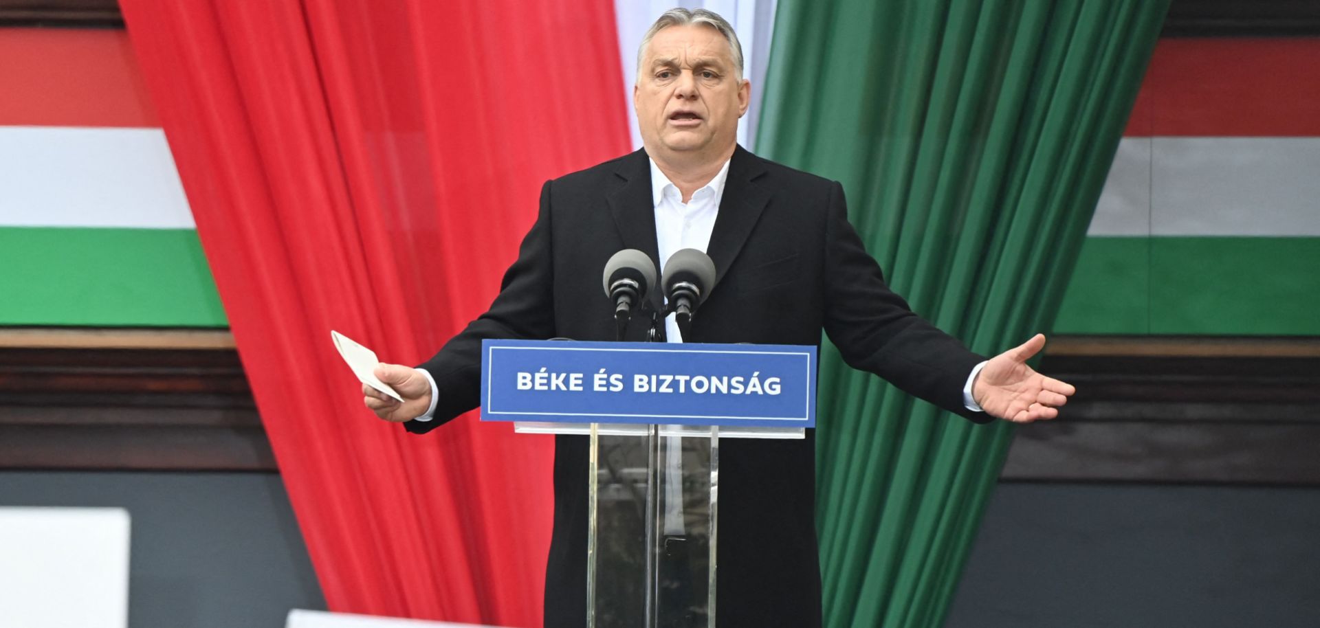 Hungarian Prime Minister Viktor Orban speaks on stage during a campaign rally for his ruling Fidesz party in Szekesfehervar, Hungary, on April 1, 2022. 