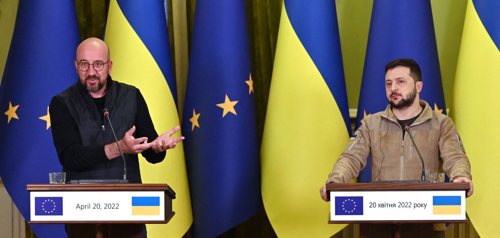 European Council President Charles Michel (left) and Ukrainian President Volodymyr Zelensky hold a joint press conference following their talks in Kyiv on April 20, 2022. 