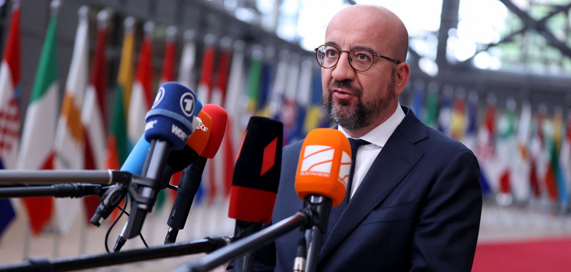 European Council president Charles Michel talks with the press on May 30, 2022, after arriving in Brussels, Belgium, for a special EU meeting focused on the war in Ukraine and sanctions against Russia. 