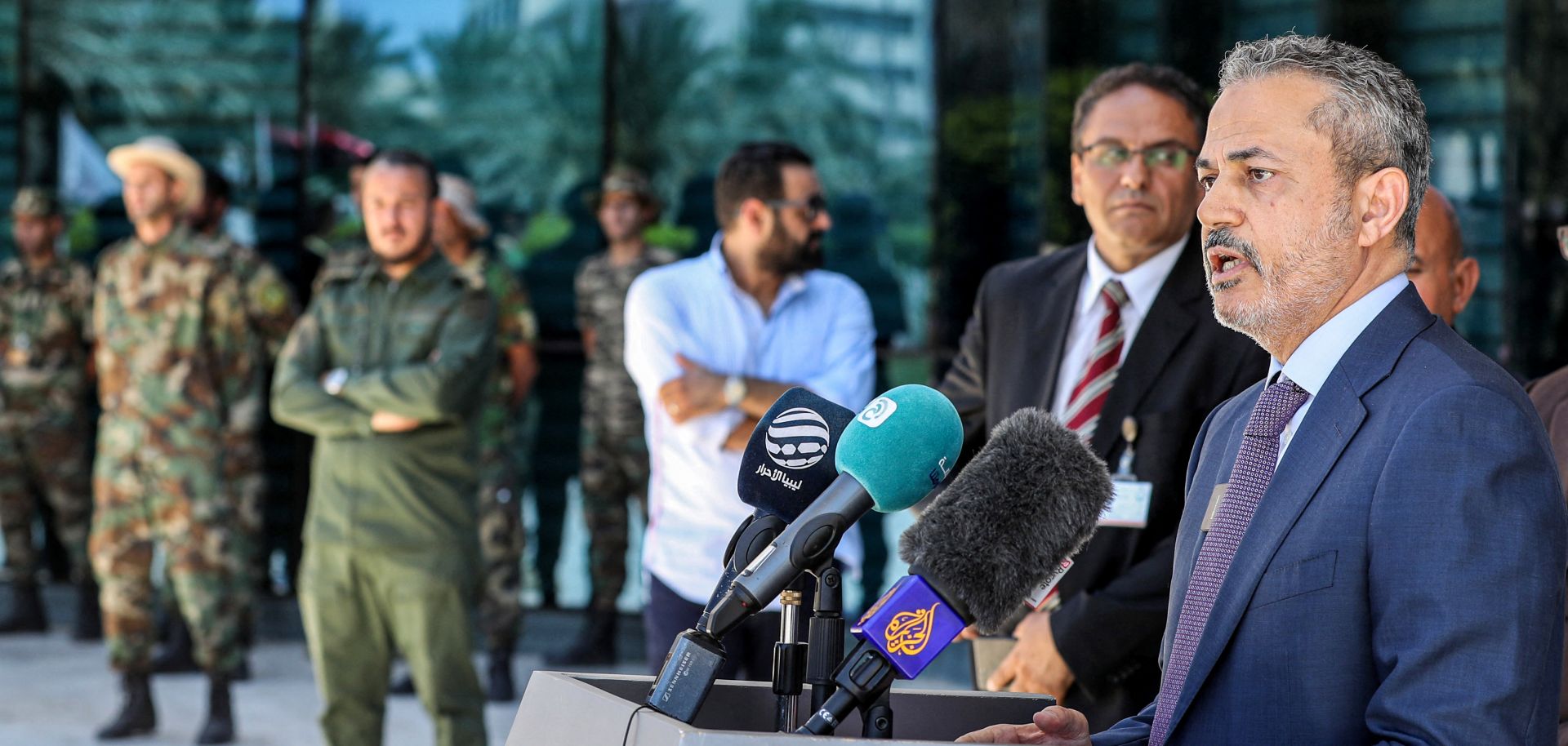 Farhat Bengdara, the new chief of Libya's National Oil Corporation appointed by Prime Minister Abdulhamid Dbeibah, gives a press conference outside the company’s headquarters in Tripoli on July 14, 2022.