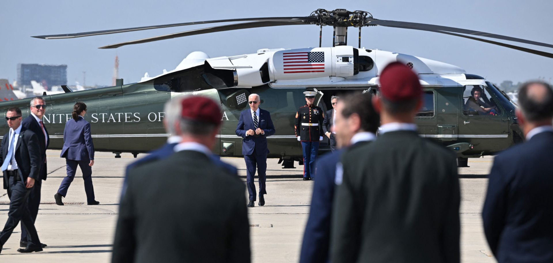 U.S. President Joe Biden makes his way to board Air Force One at Israel's Ben Gurion Airport on July 15, 2022, as he departs for Saudi Arabia after a two-day visit to Israel. 