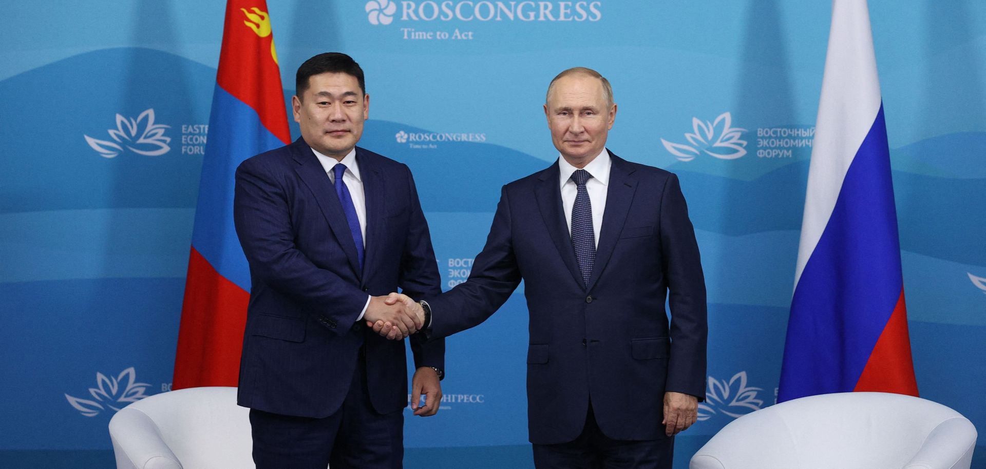Russian President Vladimir Putin (right) meets with Mongolian Prime Minister Oyun-Erdene Luvsannamsrai on the sidelines of the 2022 Eastern Economic Forum in Vladivostok, Russia, on Sept. 7, 2022. 