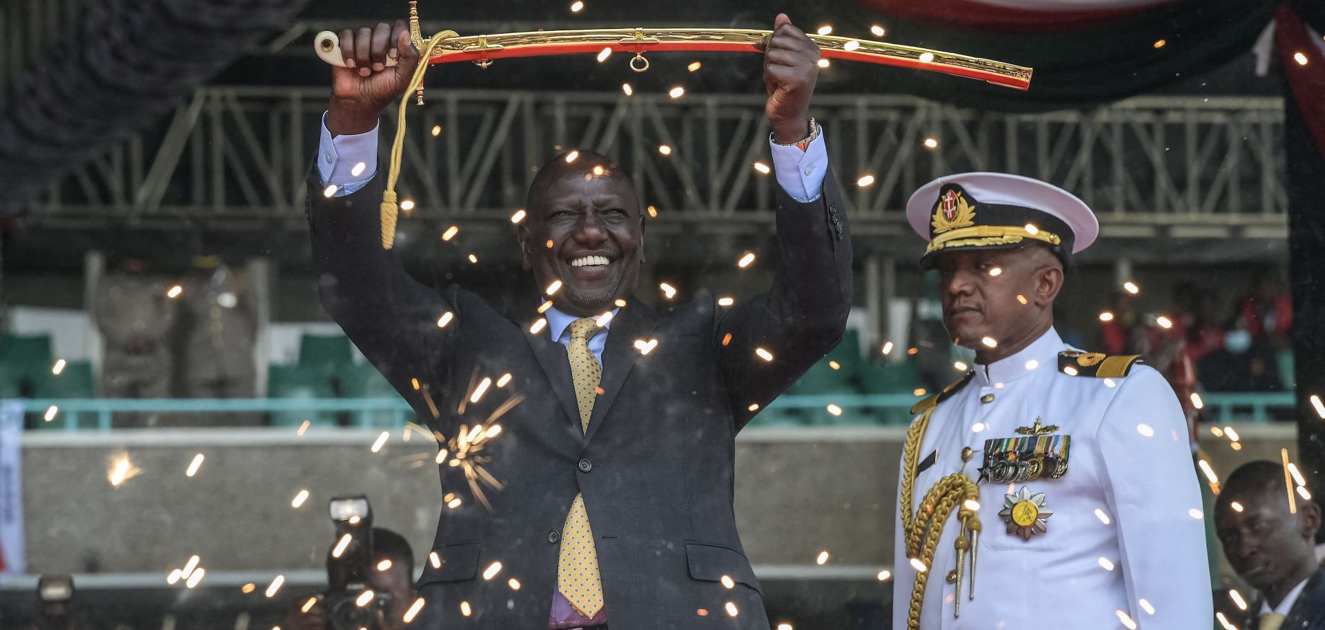 Incoming Kenyan President William Ruto lifts a sword at the Moi International Sports Center Kasarani in Nairobi, Kenya, during his inauguration ceremony on Sept. 13, 2022.
