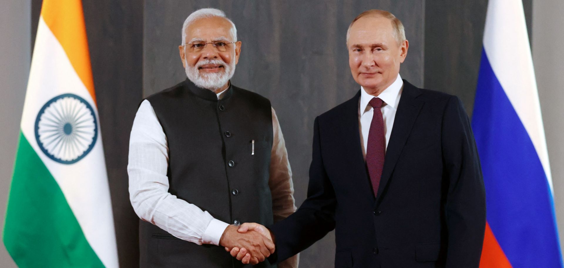 Russian President Vladimir Putin meets with Indian Prime Minister Narendra Modi on the sidelines of the Shanghai Cooperation Organisation (SCO) leaders' summit on Sept. 16, 2022.