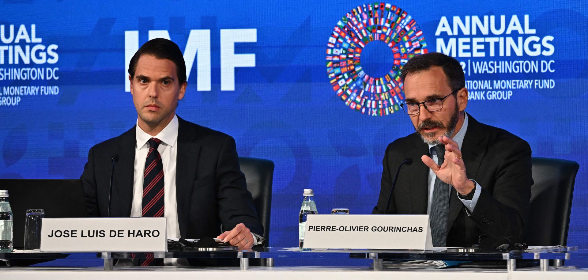 International Monetary Fund (IMF) chief economist Pierre-Olivier Gourinchas speaks at a press conference with IMF communications officer Jose Luis De Haro during the World Bank/IMF annual meeting in Washington, D.C., on Oct. 11, 2022. 