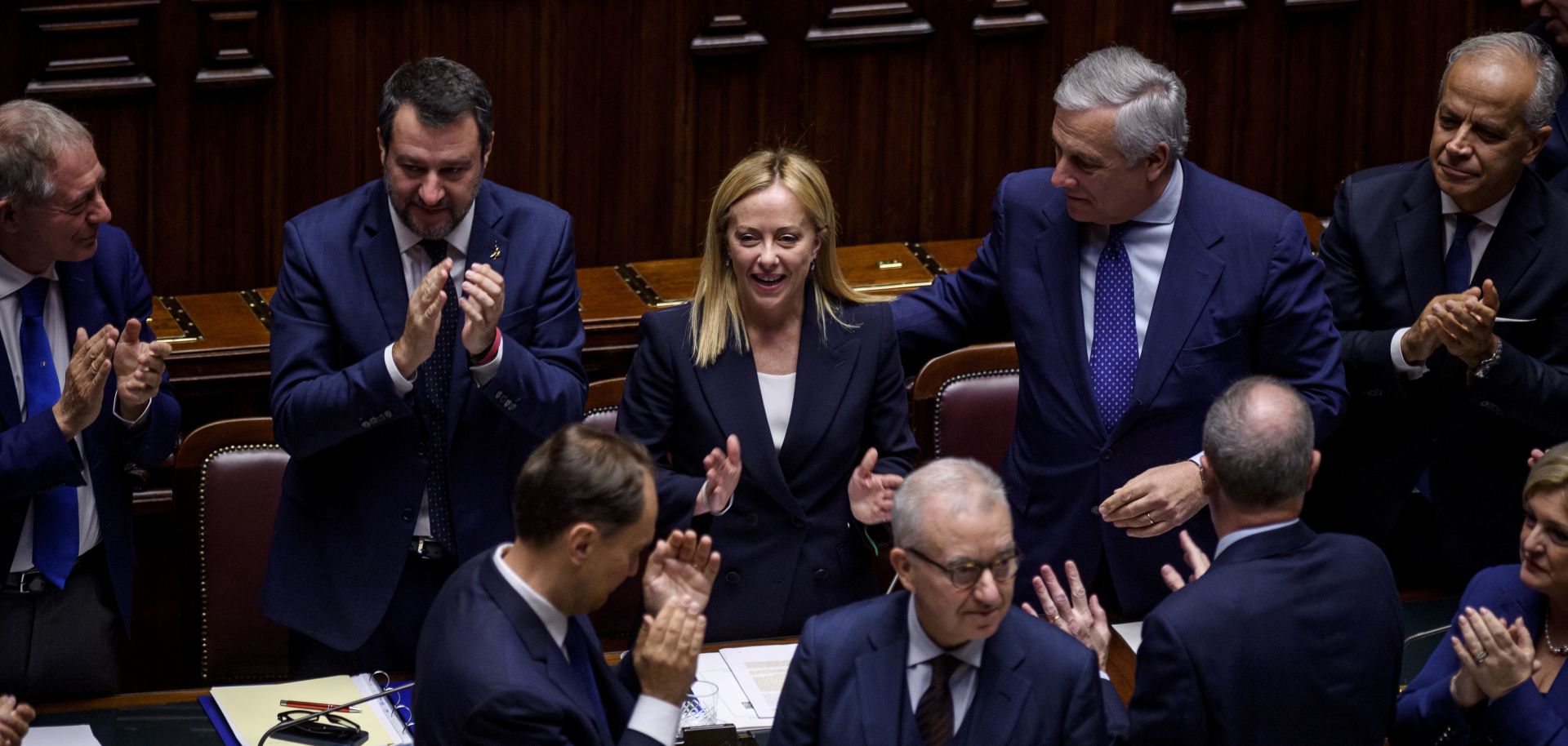 Italian Prime Minister Giorgia Meloni and members of her newly appointed cabinet attend a debate in Italy’s Chamber of Deputies ahead of the confidence vote on the new Italian government on Oct. 25, 2022. 