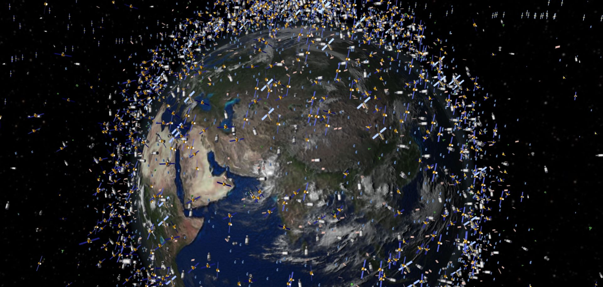 A computer-generated image released by the European Space Agency (ESA) in April 2008 shows trackable objects in orbit around Earth. 