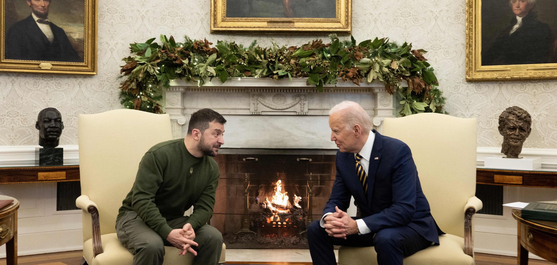 Ukrainian President Volodymyr Zelensky meets with U.S. President Joe Biden in the Oval Office of the White House, in Washington, D.C. on Dec. 21, 2022.