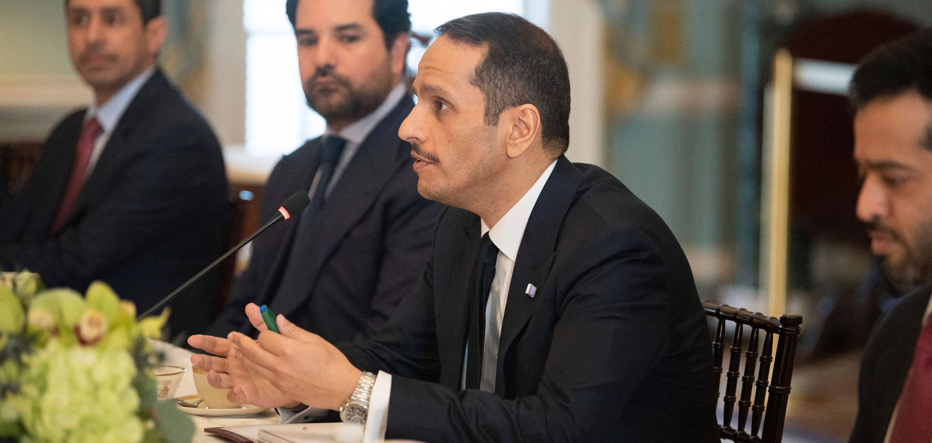 Qatar's then deputy prime minister and foreign minister, Mohammed bin Abdulrahman Al Thani (center), speaks during a meeting with U.S. Secretary of State Antony Blinken, in Washington D.C. on Feb. 10, 2023. 