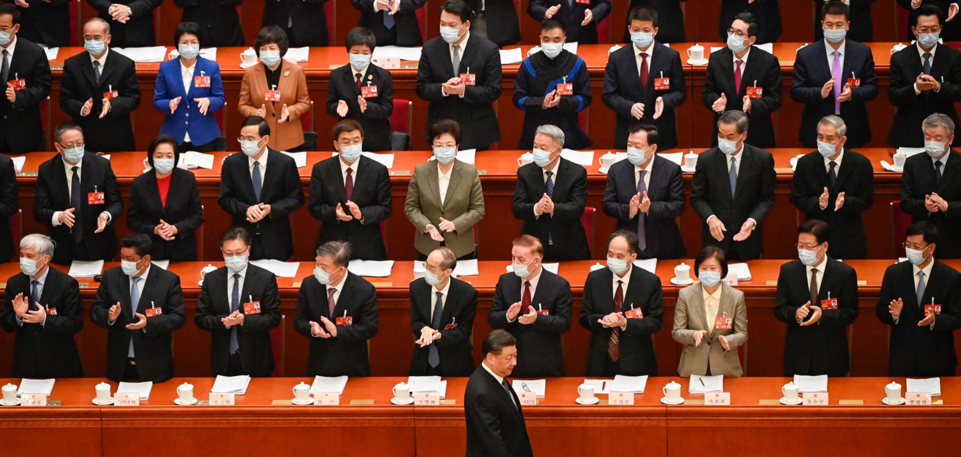 Chinese President Xi Jinping (bottom) arrives for the second plenary session of the National People's Congress with other Chinese leaders at the Great Hall of the People in Beijing, China, on March 7, 2023. 