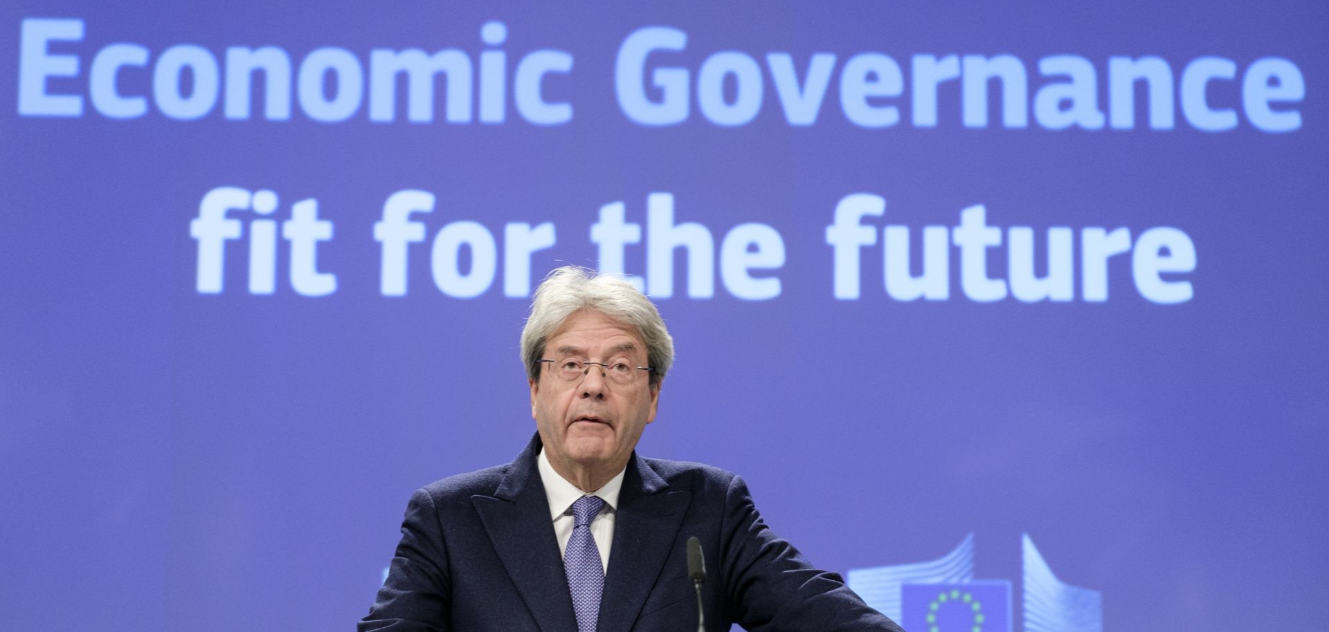EU Economy Commissioner Paolo Gentiloni holds a press conference in Brussels on April 26, 2023, after the European Commission presented a proposed overhaul of the bloc's economic governance rules. 