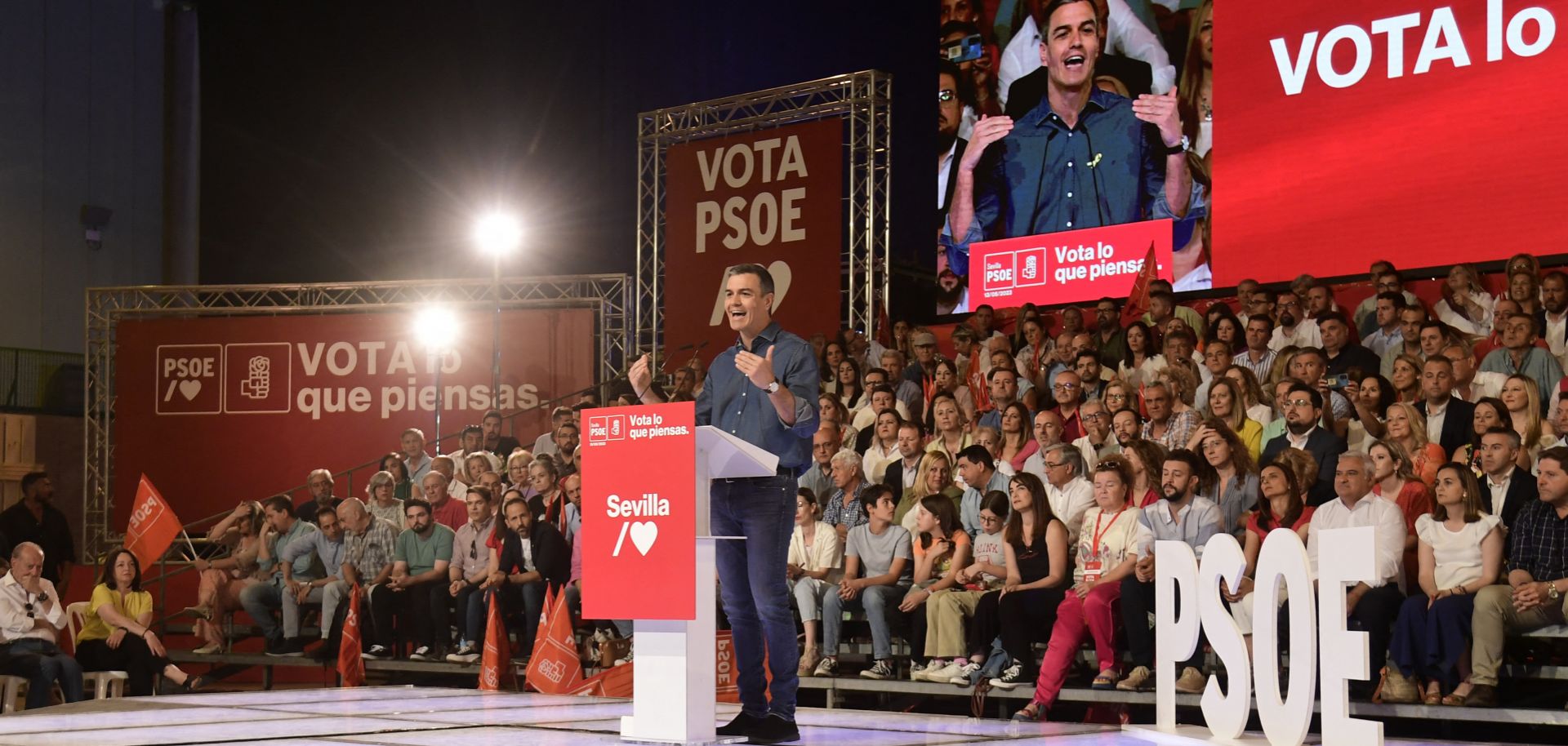 Spanish Prime Minister Pedro Sanchez speaks at a campaign rally in Seville for his Socialist Party (PSOE) on May 13, 2023, ahead of the country's May 28 regional and municipal elections. 
