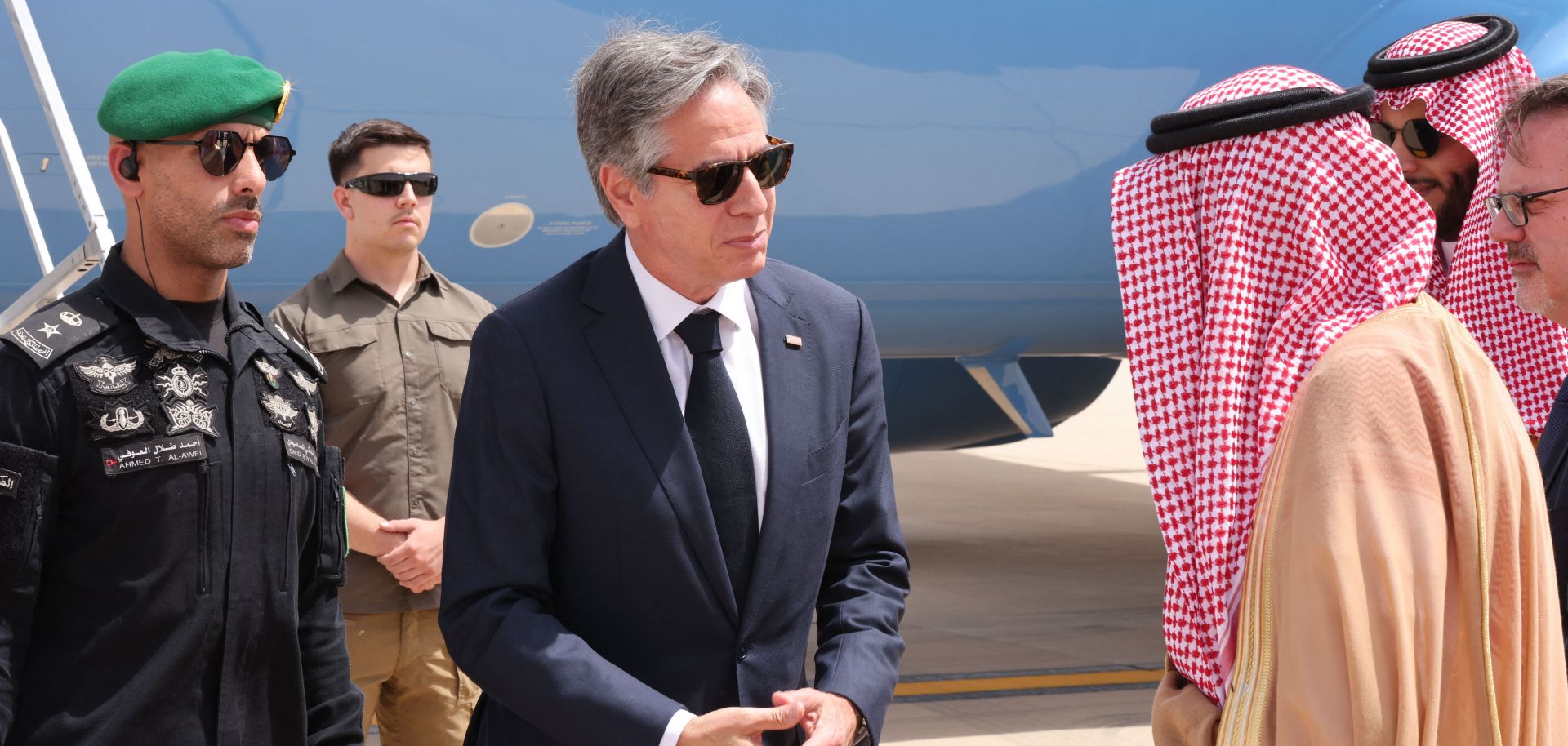 U.S. Secretary of State Antony Blinken is welcomed by Saudi officials upon arriving in Riyadh on June 7, 2023.