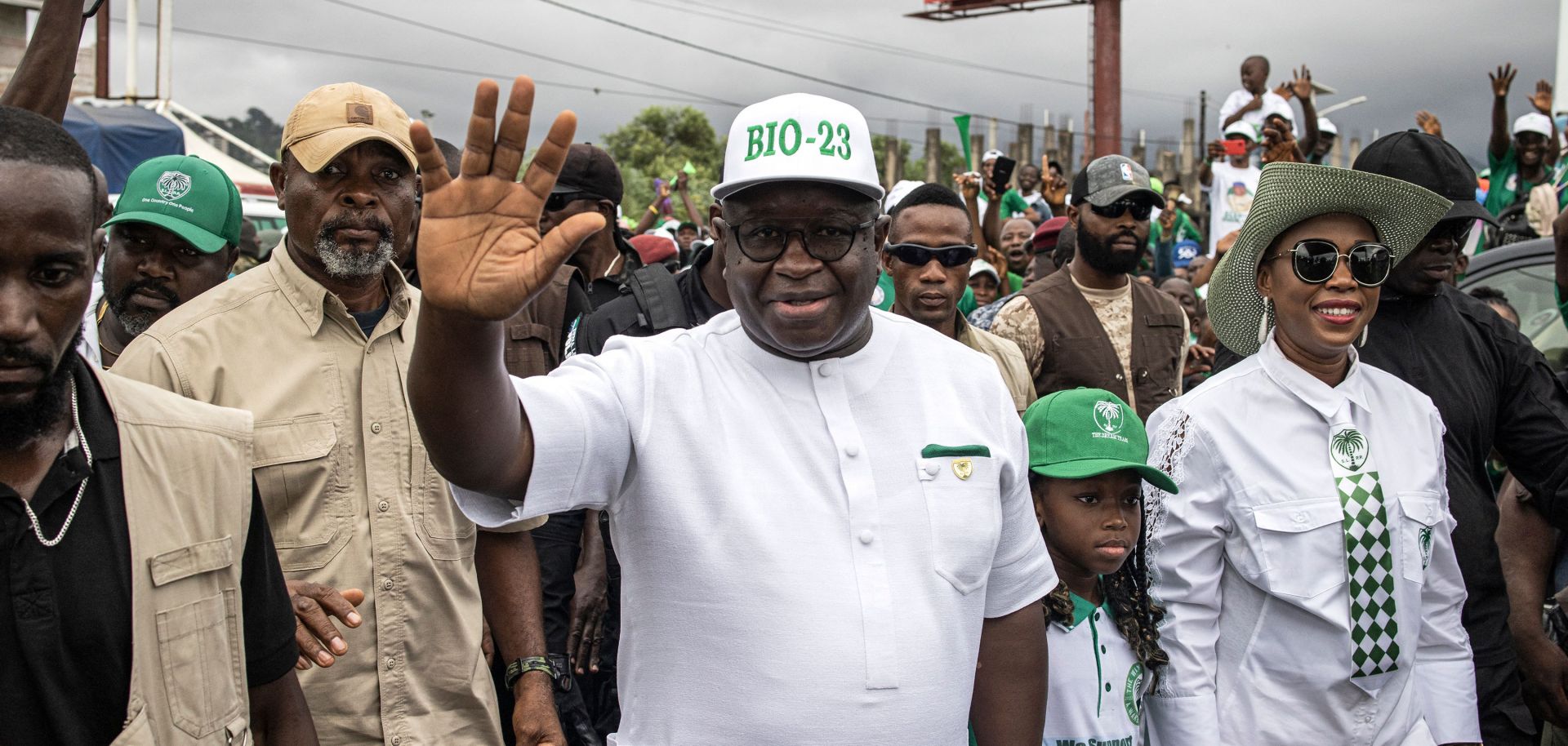 Sierra Leone's president, Julius Maada Bio, waves to his supporters upon arriving at a campaign rally in Freetown on June 20, 2023, ahead of the country's general election. 