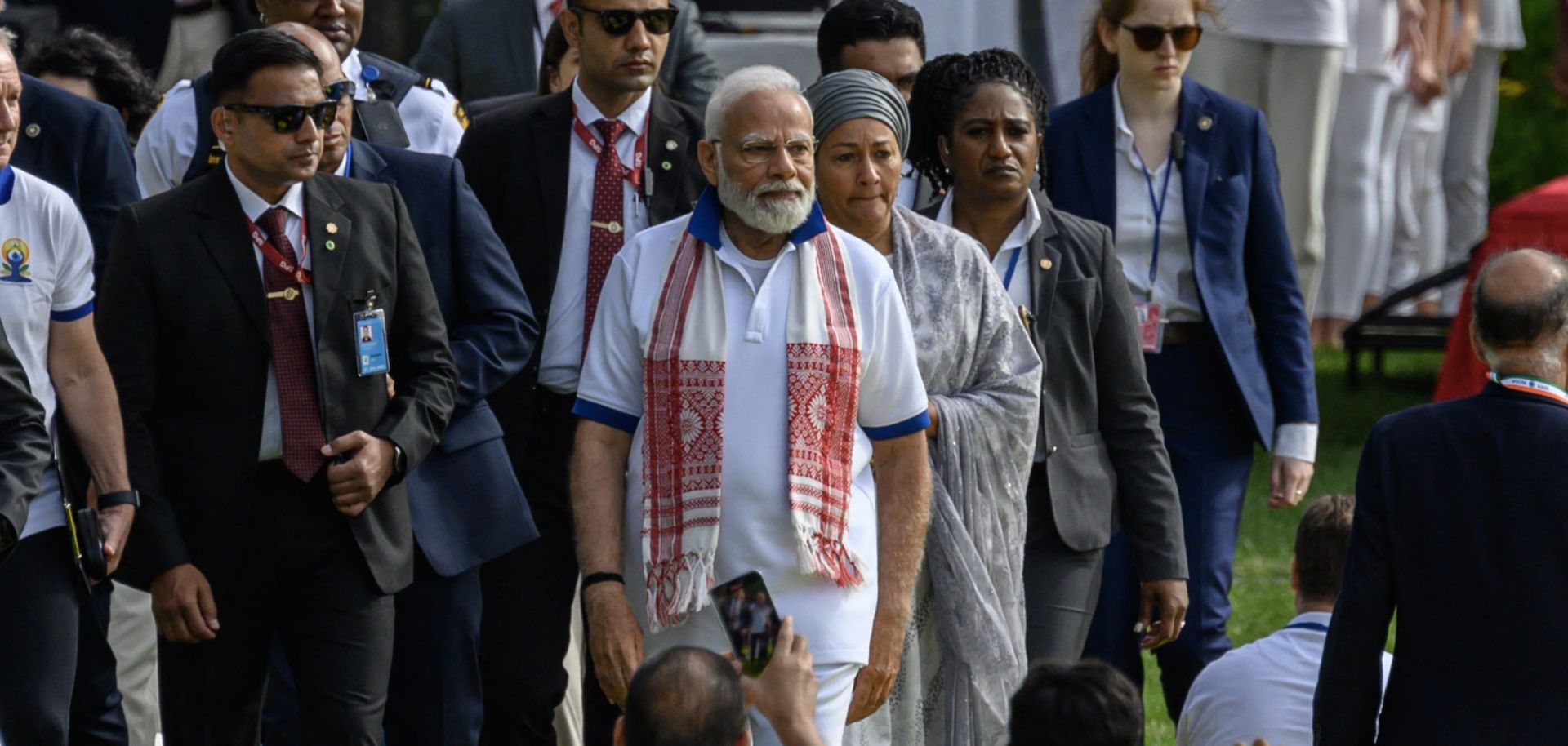 Indian Prime Minister Narendra Modi (center) attends a yoga event at the U.N. headquarters in New York on June 21, 2023. 