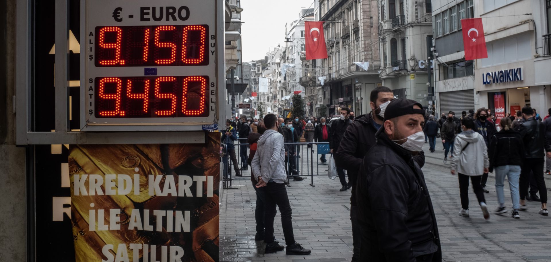  A currency exchange board in Istanbul shows the lira’s plummeting value after the unexpected firing of Turkey’s central bank chief on March 22, 2021.