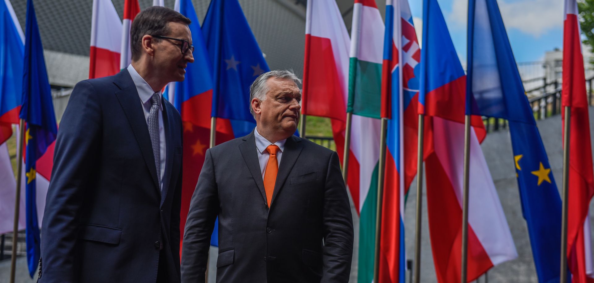 Polish Prime Minister Mateusz Morawiecki (left) welcomes his Hungarian counterpart, Viktor Orban, ahead of a meeting in Katowice, Poland, on June 30, 2021. 