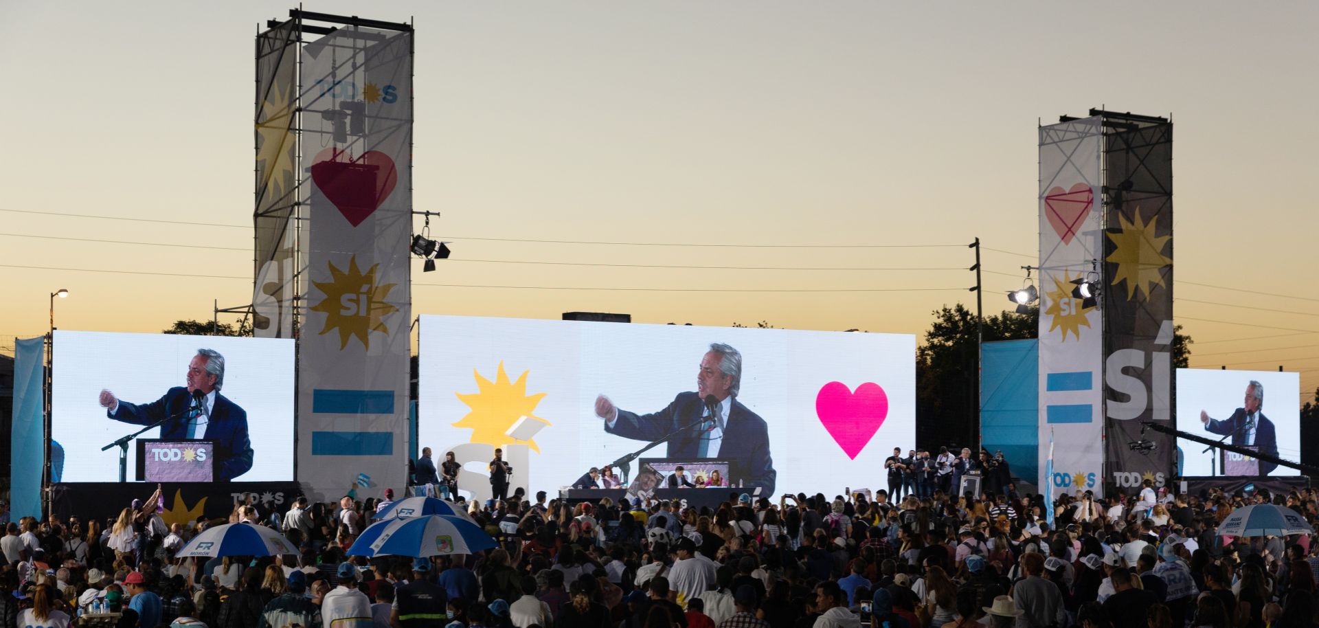 Argentine President Alberto Fernandez speaks during a rally in Merlo, Argentina, on Nov. 11, 2021, ahead of the country’s upcoming midterm elections. 