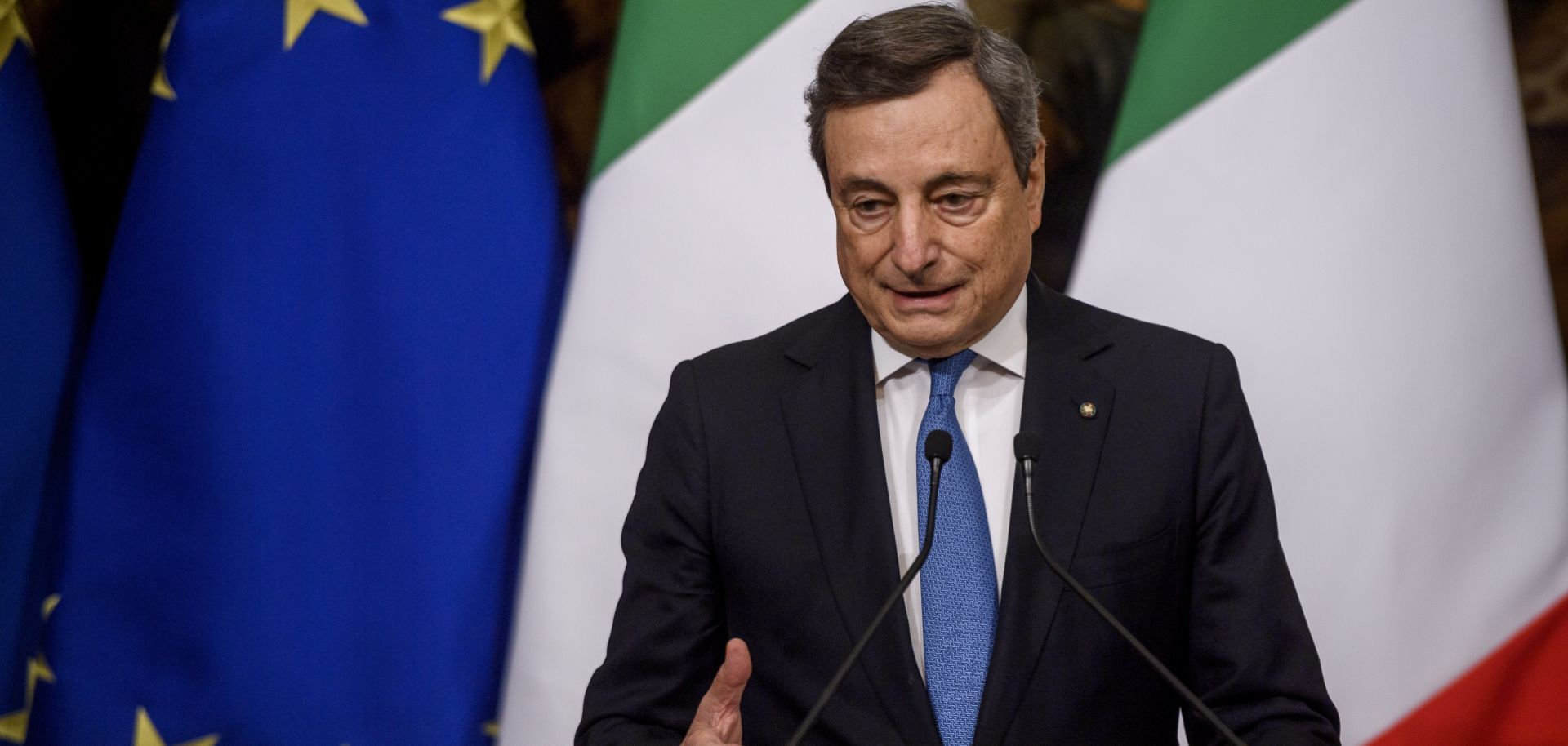 Italian Prime Minister Mario Draghi holds a press conference in Rome, Italy, on Dec. 20, 2021. 